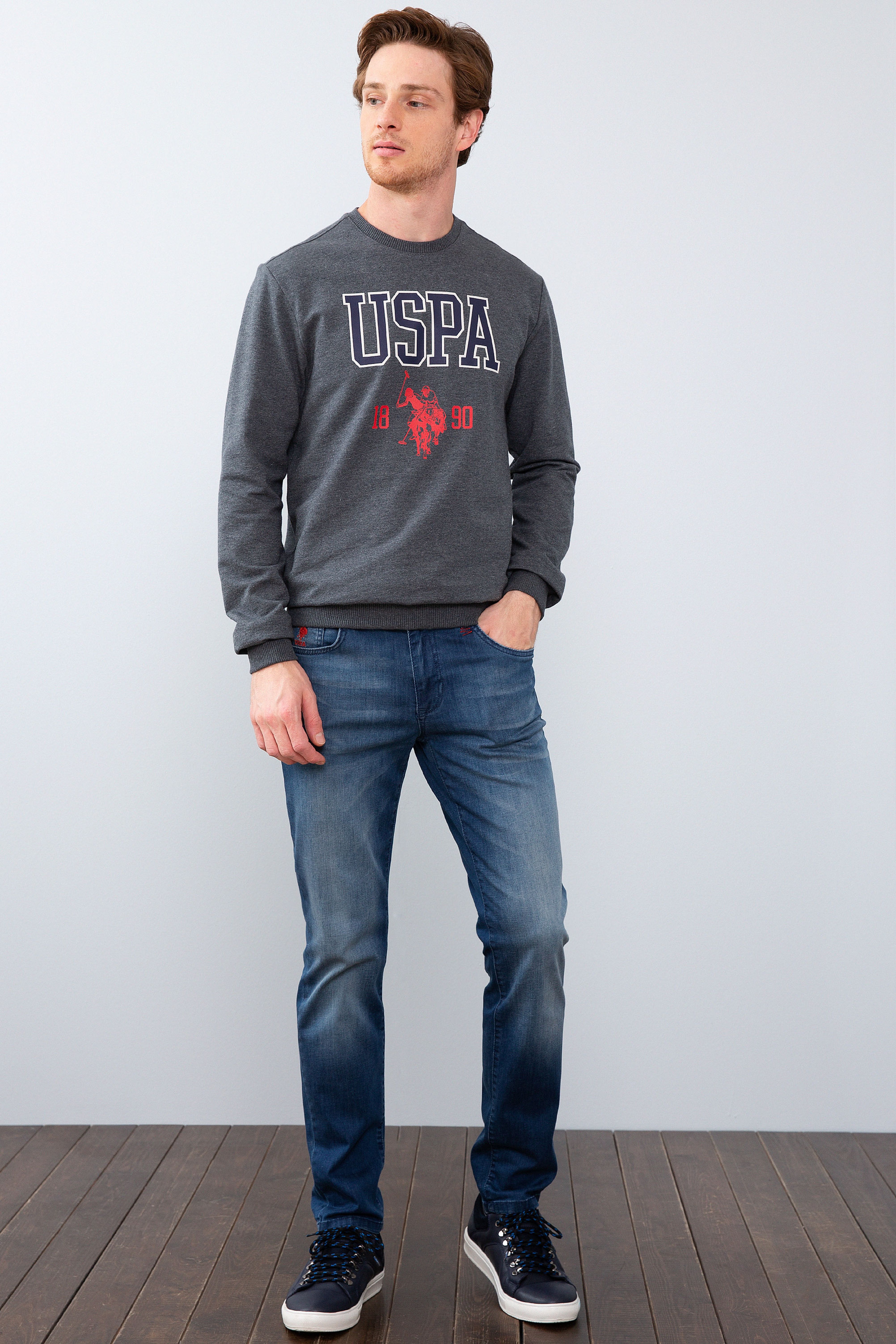 Erkek Koyu Gri Melanj Bisiklet Yaka Sweatshirt