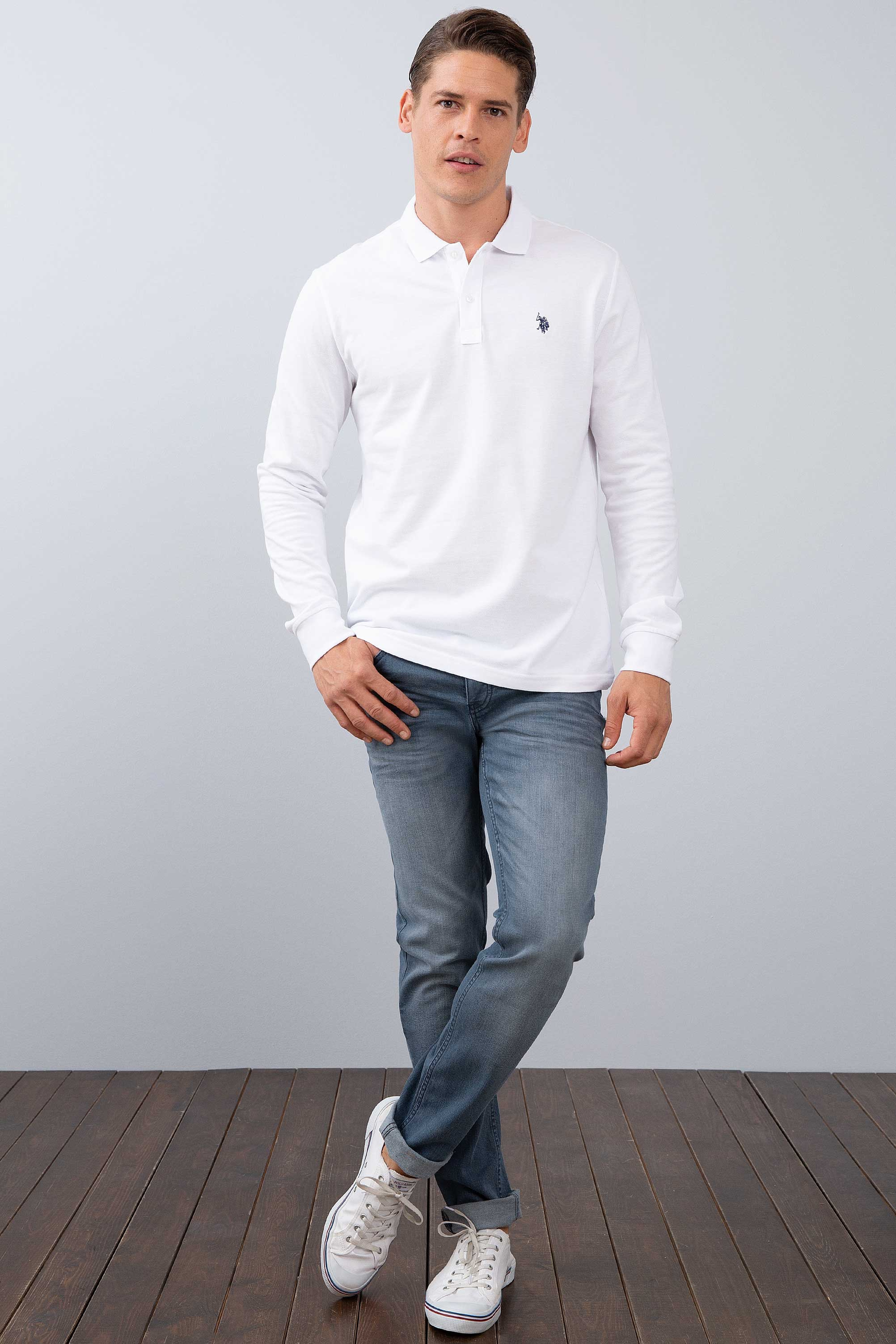 Erkek Beyaz Polo Yaka Sweatshirt Basic - Image 4