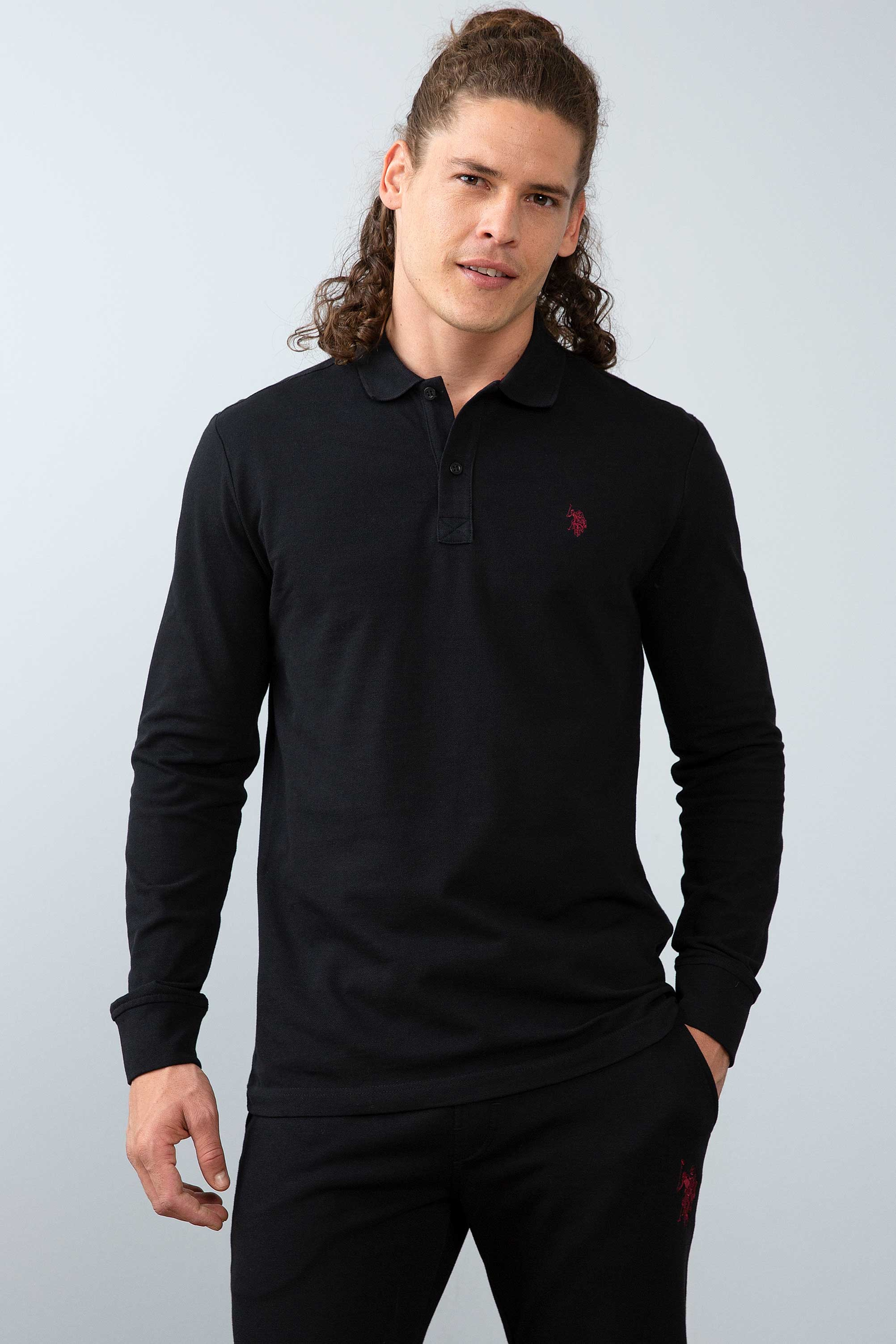 Erkek Siyah Polo Yaka Sweatshirt Basic