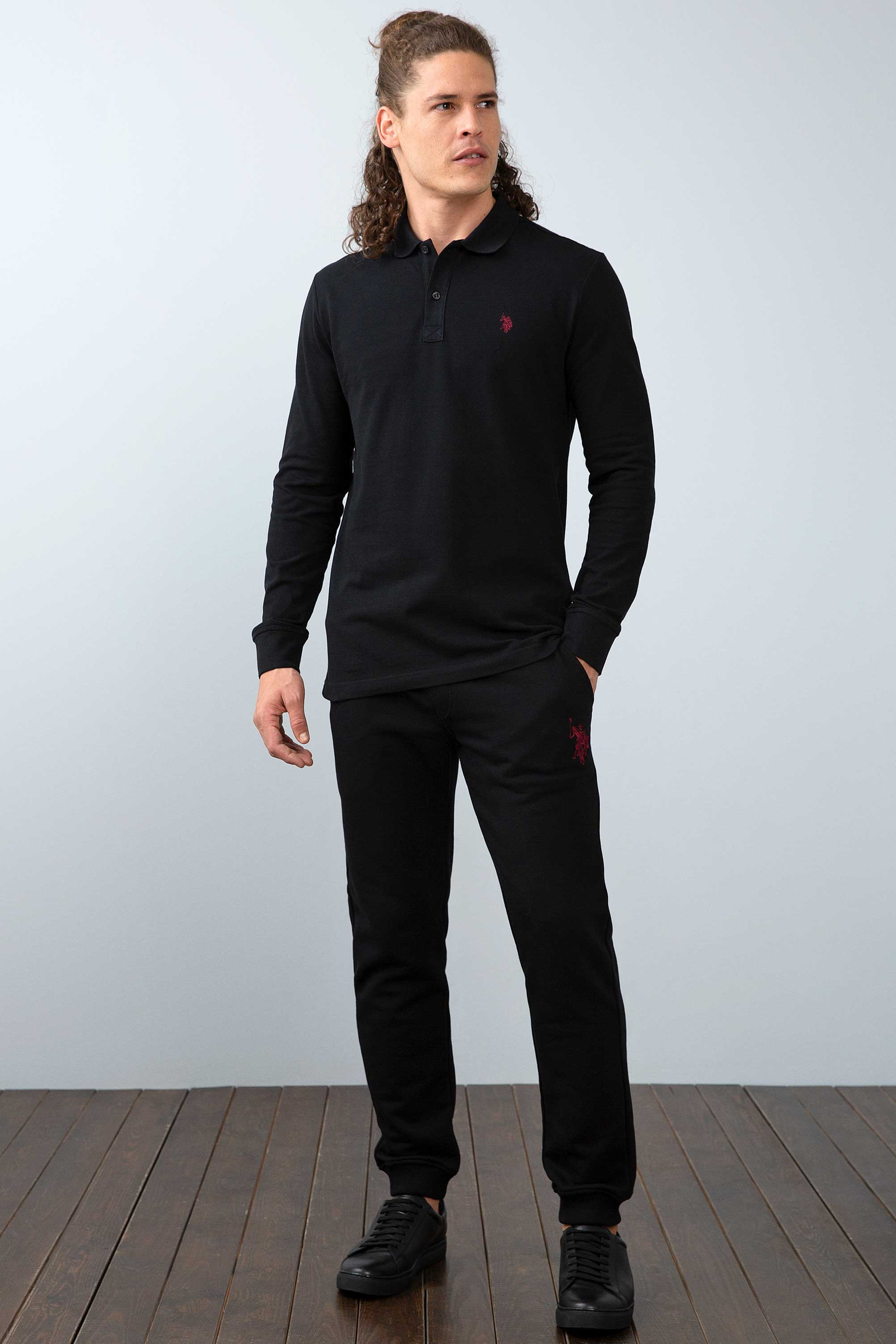 Erkek Siyah Polo Yaka Sweatshirt Basic