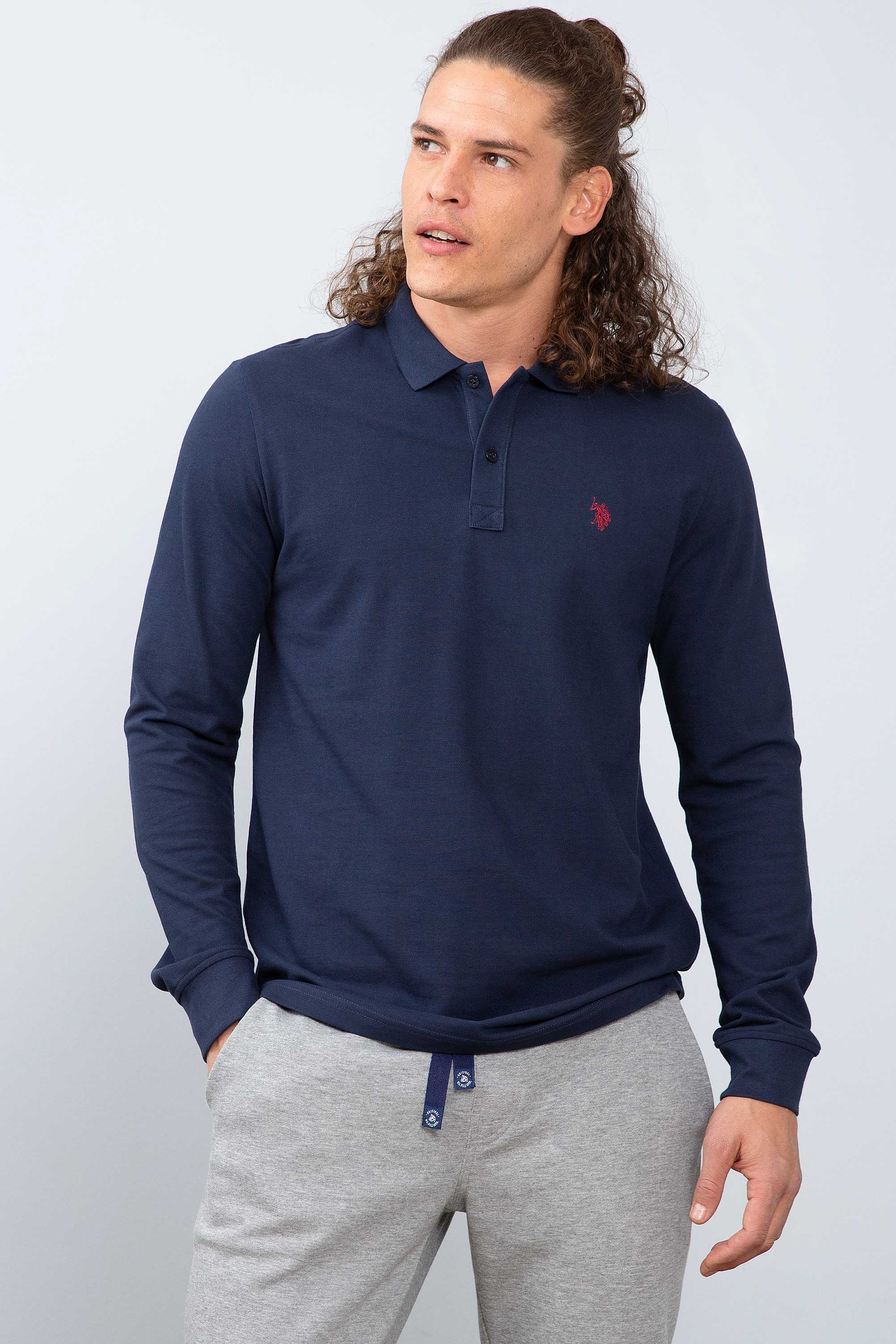 Erkek Lacivert Polo Yaka Sweatshirt Basic - Image 1