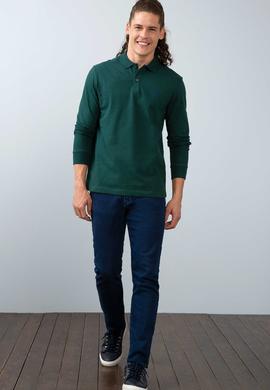Erkek Koyu Yeşil Polo Yaka Sweatshirt Basic - 50213673097