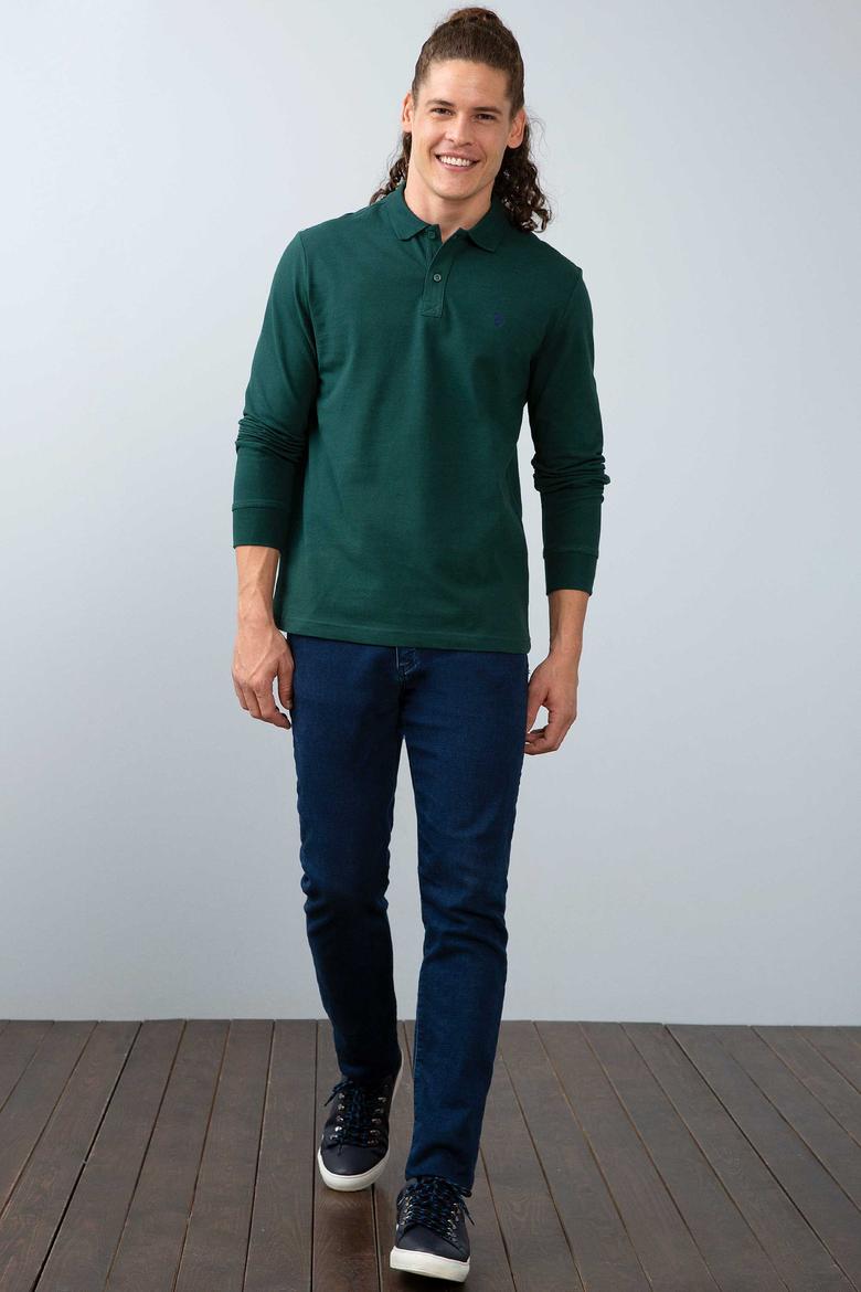 Erkek Koyu Yeşil Polo Yaka Sweatshirt Basic - 50213673097