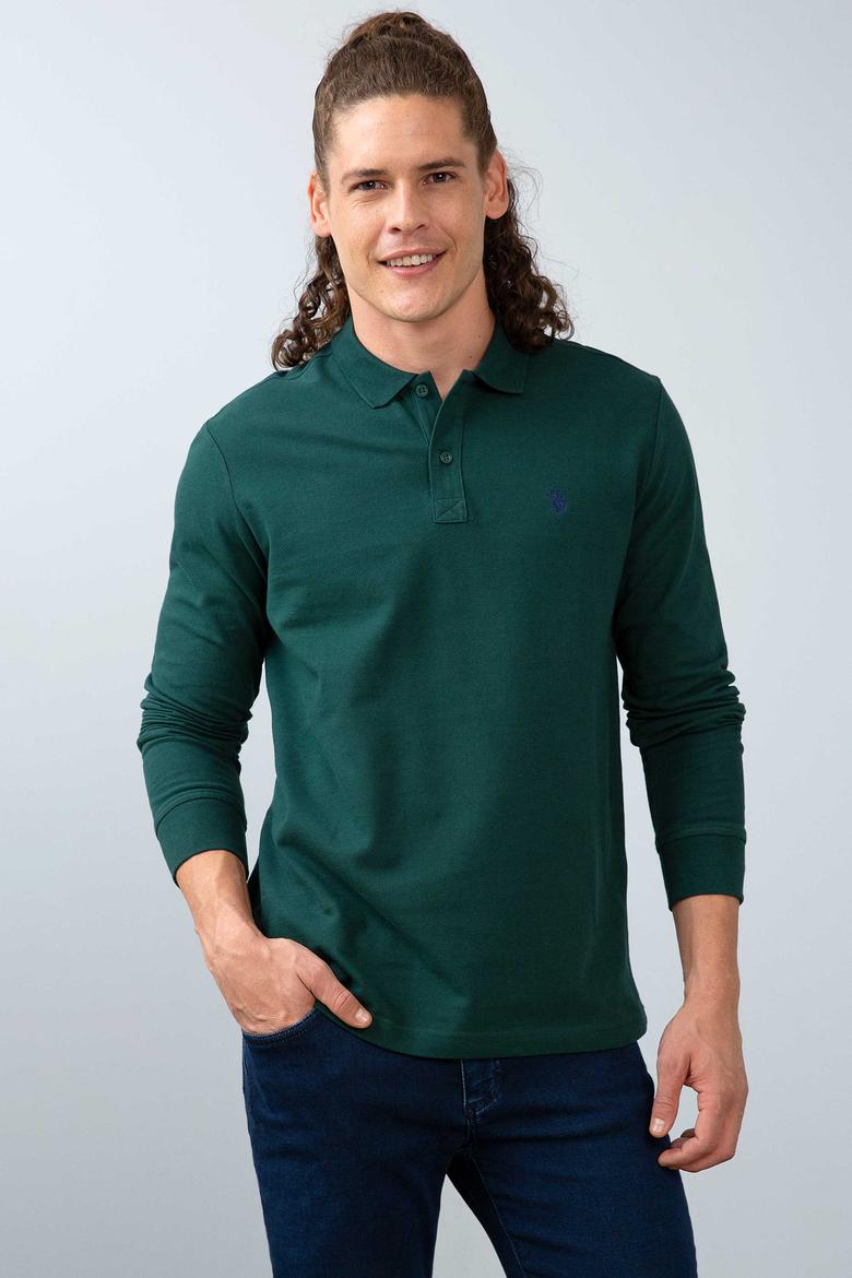 Erkek Koyu Yeşil Polo Yaka Sweatshirt Basic