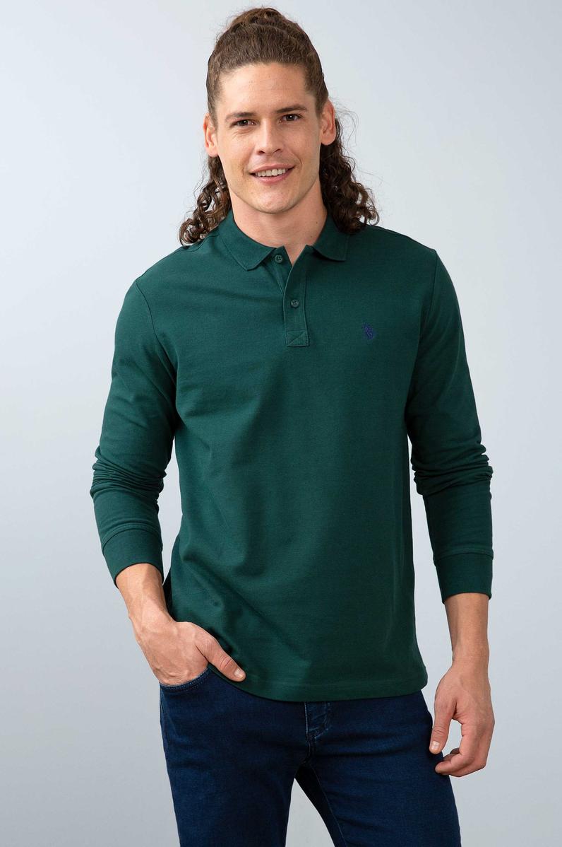 Erkek Koyu Yeşil Polo Yaka Sweatshirt Basic