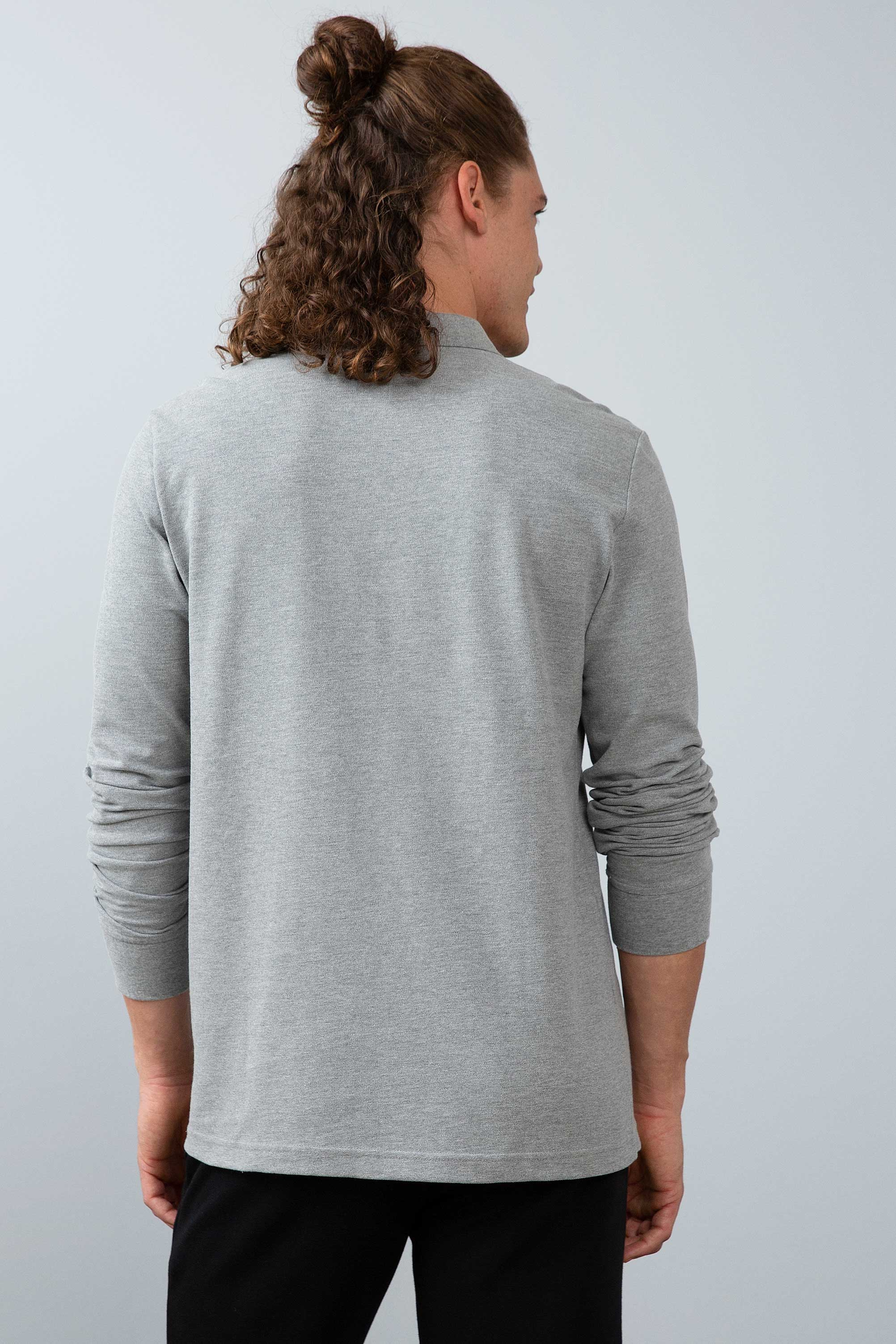 Erkek Gri Melanj Polo Yaka Sweatshirt Basic - Image 4
