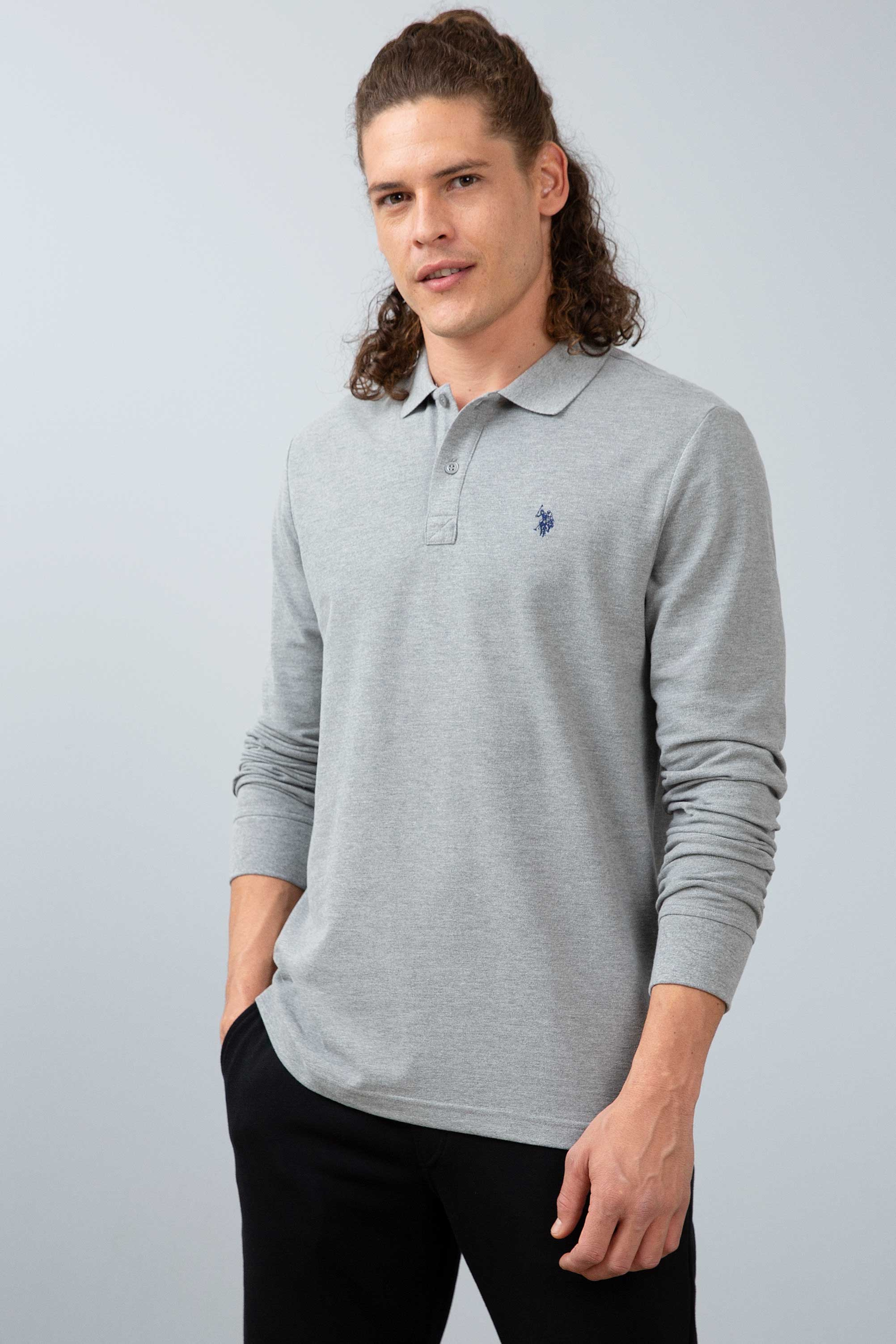Erkek Gri Melanj Polo Yaka Sweatshirt Basic - Image 1