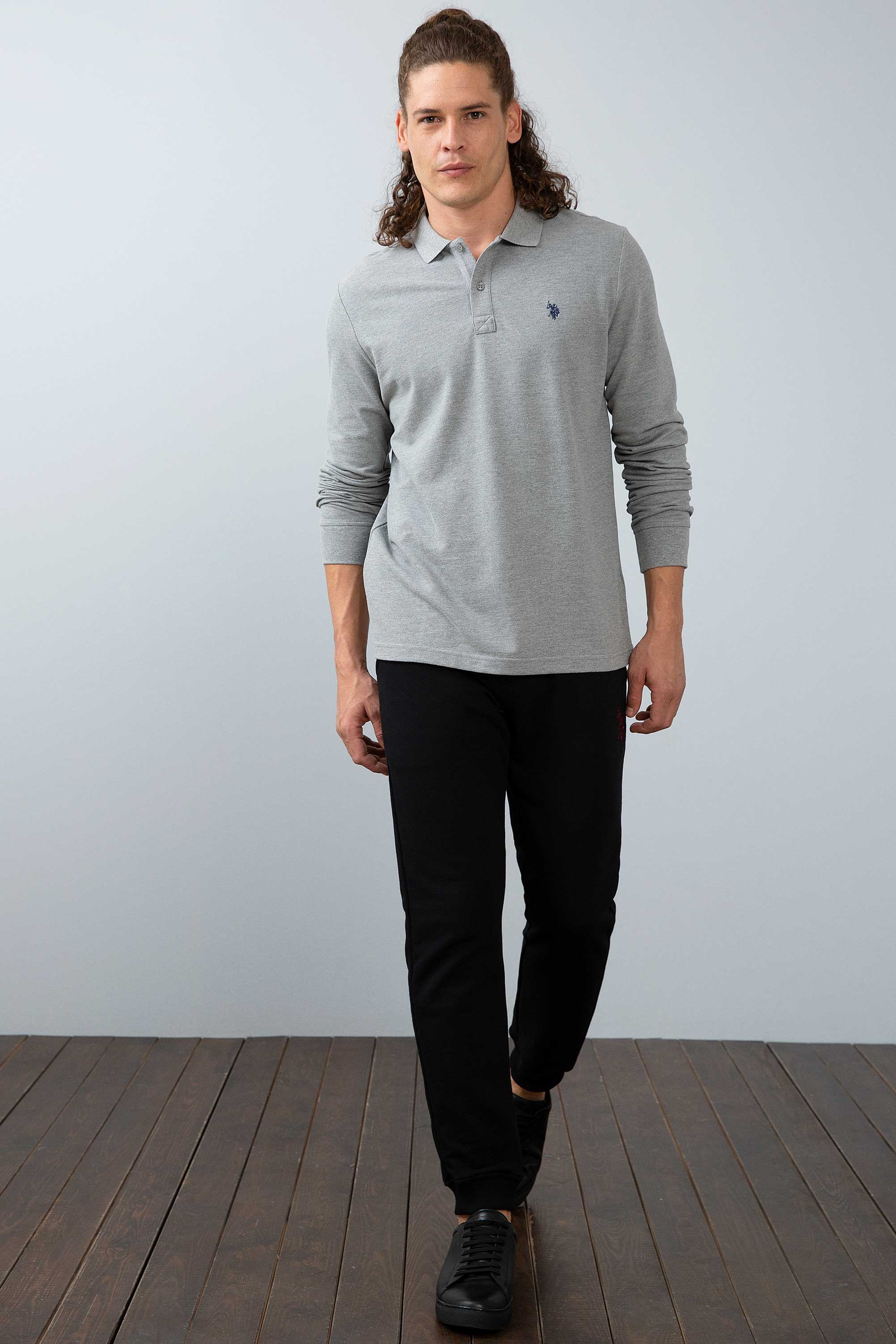 Erkek Gri Melanj Polo Yaka Sweatshirt Basic