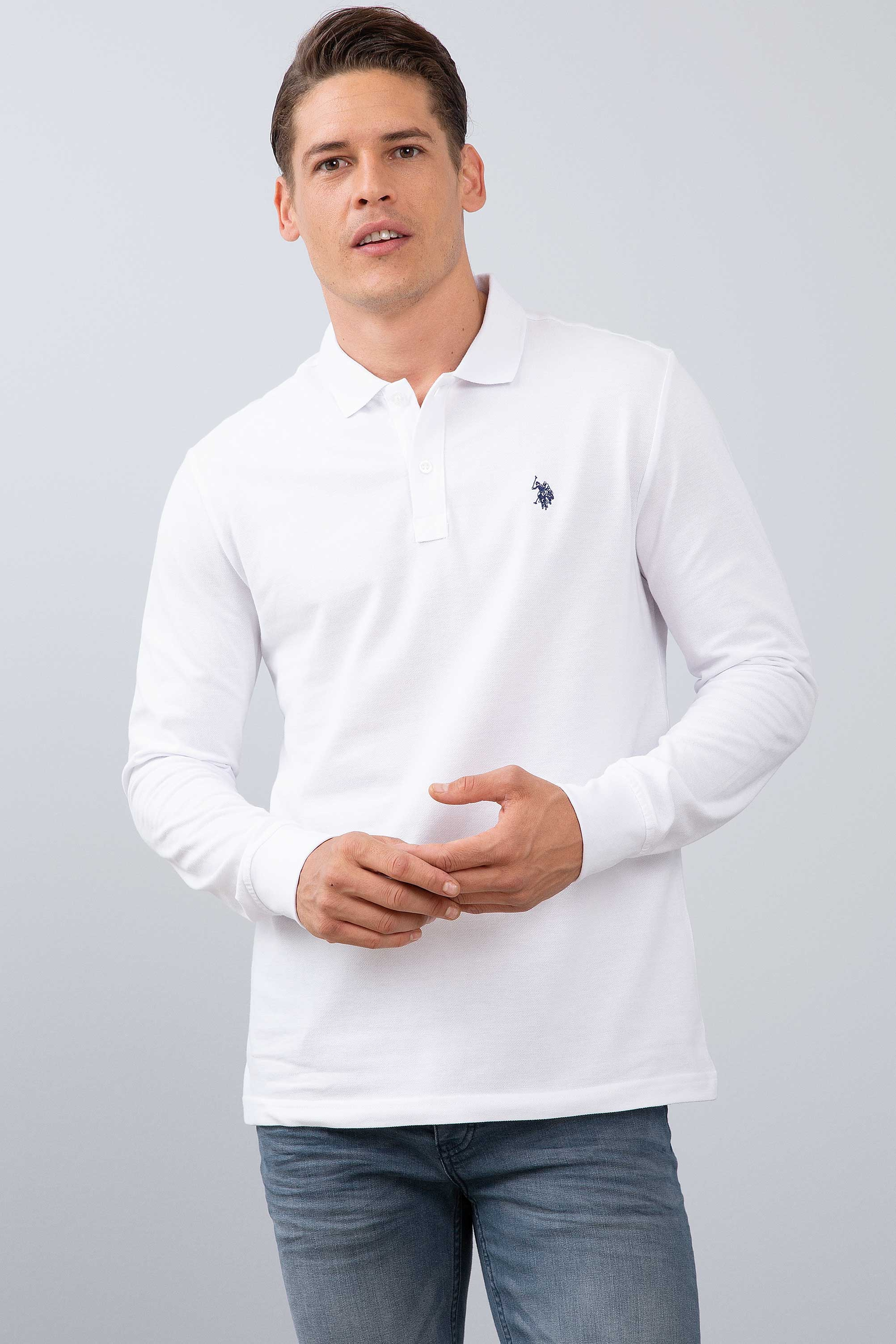 Erkek Beyaz Polo Yaka Sweatshirt Basic - Image 1