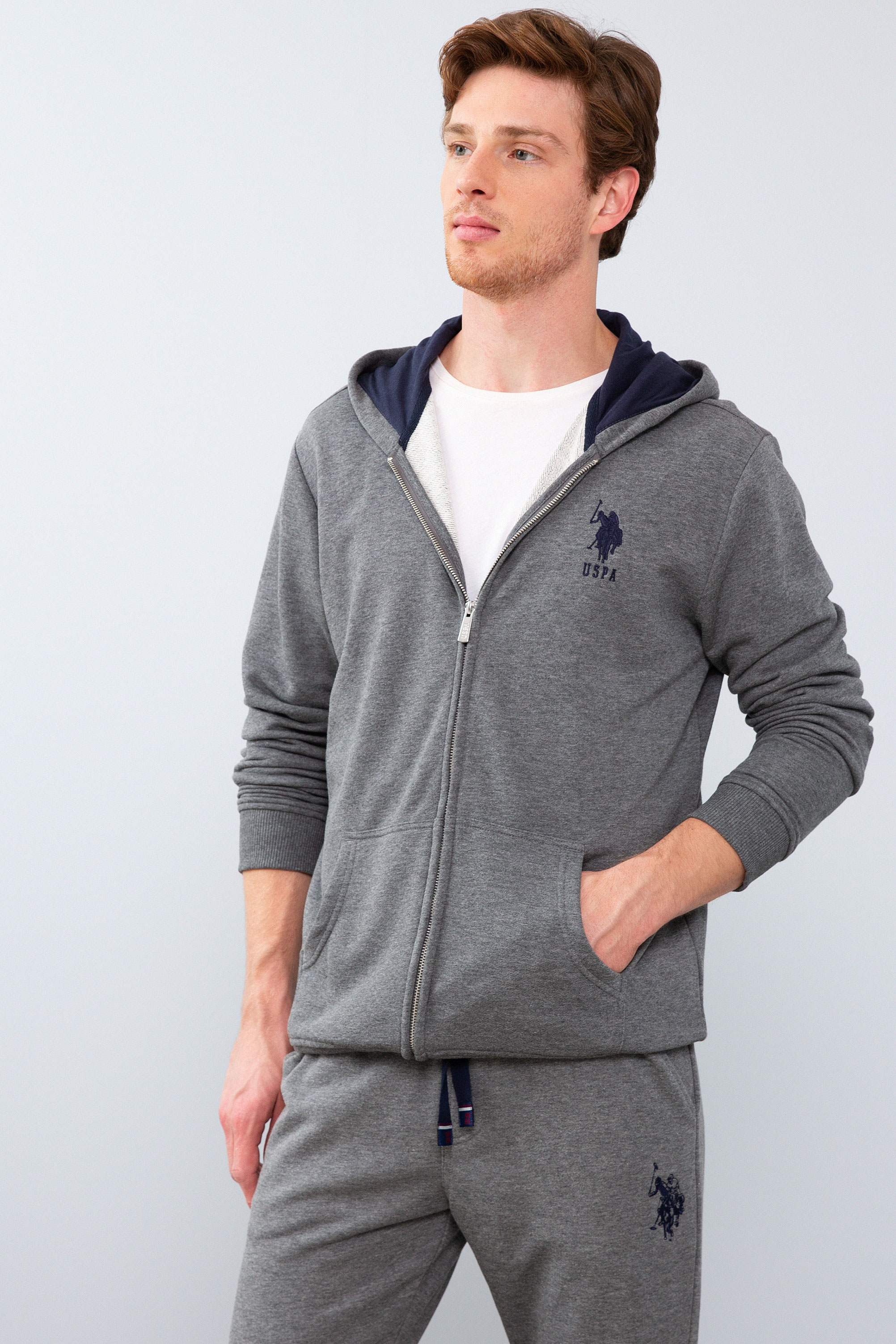 Erkek Antrasit Melanj Kapüşonlu Fermuarlı Sweatshirt