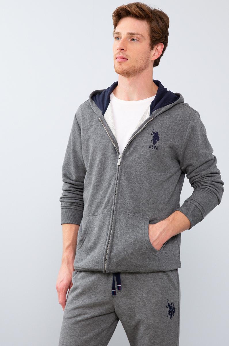 Erkek Antrasit Melanj Kapüşonlu Fermuarlı Sweatshirt