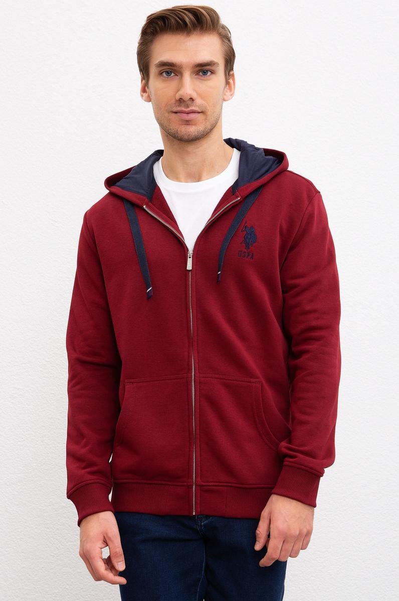 Erkek Bordo Kapüşonlu Fermuarlı Sweatshirt
