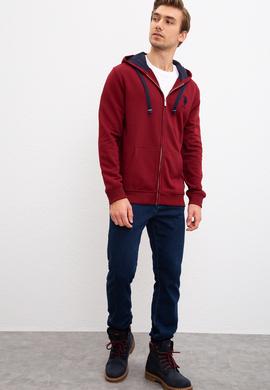 Erkek Bordo Kapüşonlu Fermuarlı Sweatshirt - 50207316061