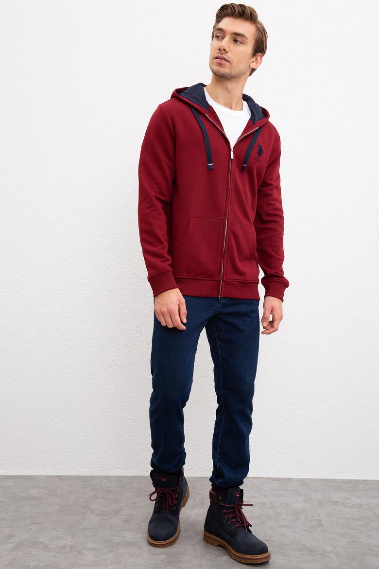 Erkek Bordo Kapüşonlu Fermuarlı Sweatshirt - 50207316061