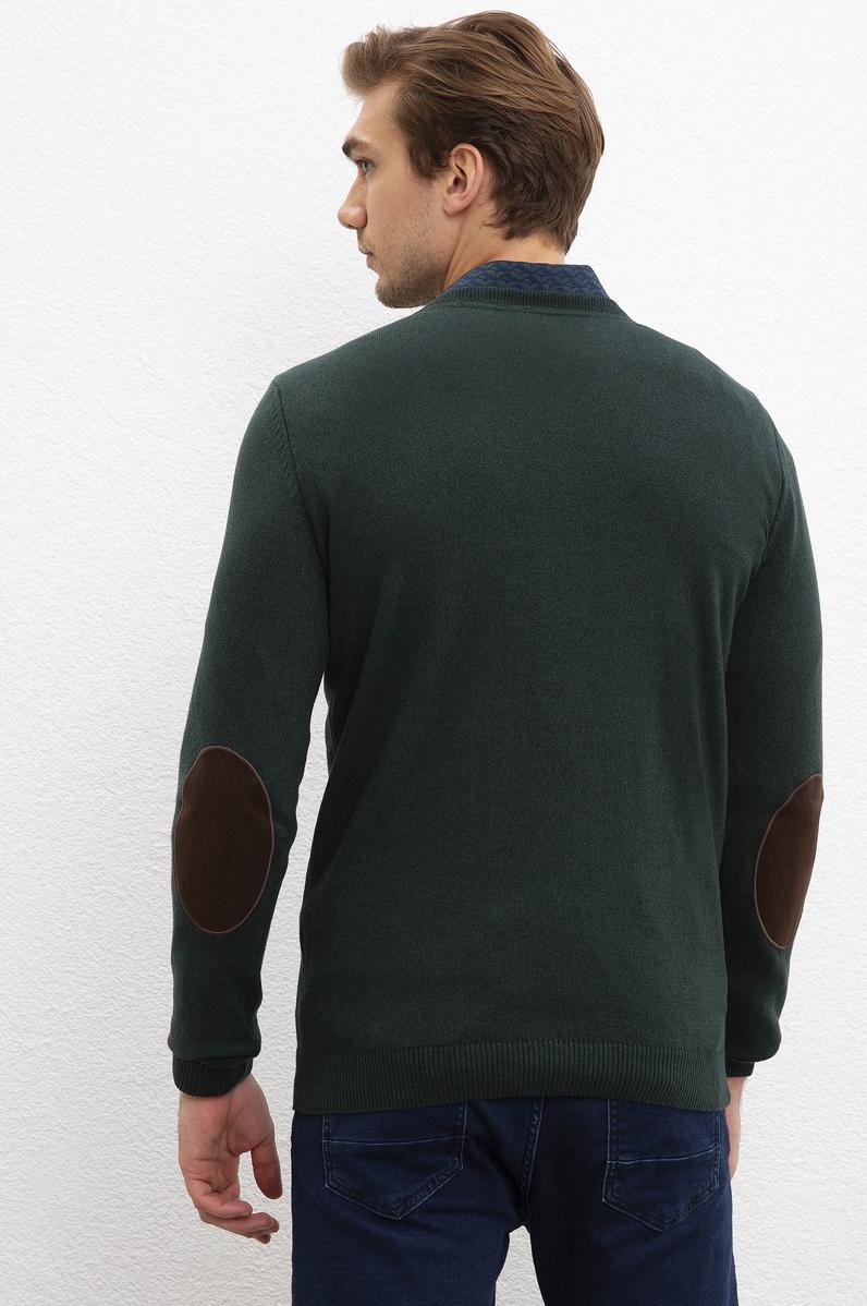 Erkek Koyu Yeşil V-Yaka Triko Kazak Basic