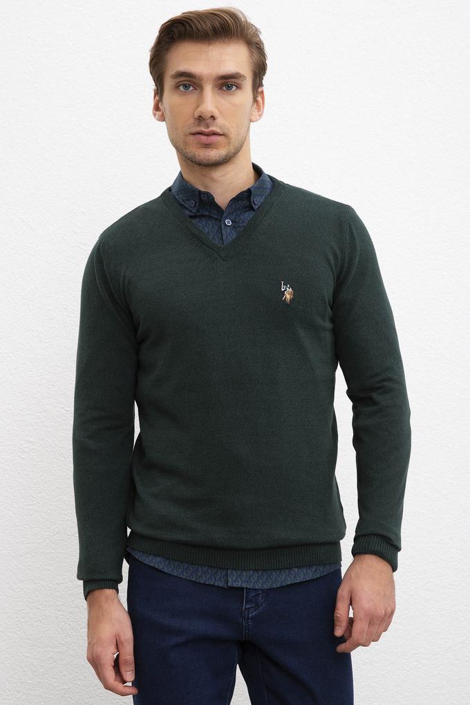 Erkek Koyu Yeşil V-Yaka Triko Kazak Basic