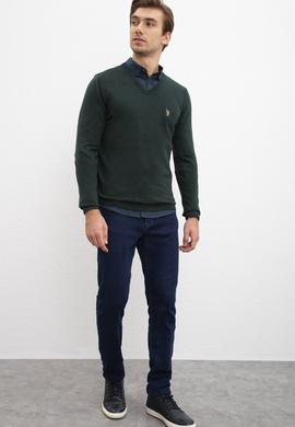 Erkek Koyu Yeşil V-Yaka Triko Kazak Basic - 50207651086