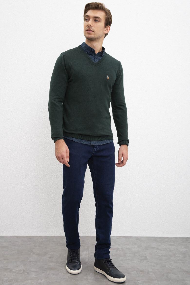 Erkek Koyu Yeşil V-Yaka Triko Kazak Basic - 50207651086