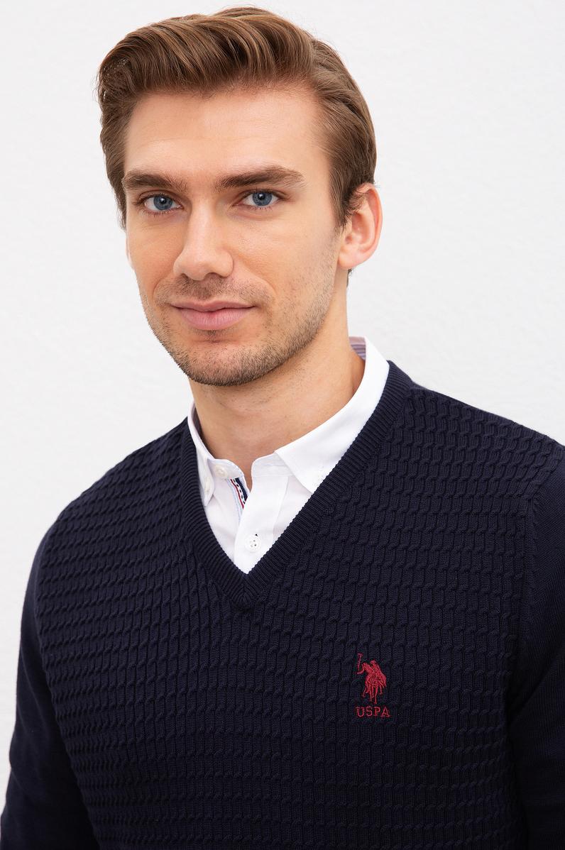 Erkek Lacivert V Yaka Basic Triko Kazak