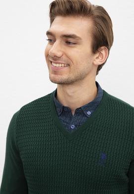 Erkek Koyu Yeşil V-Yaka Triko Kazak Basic - 50210287018