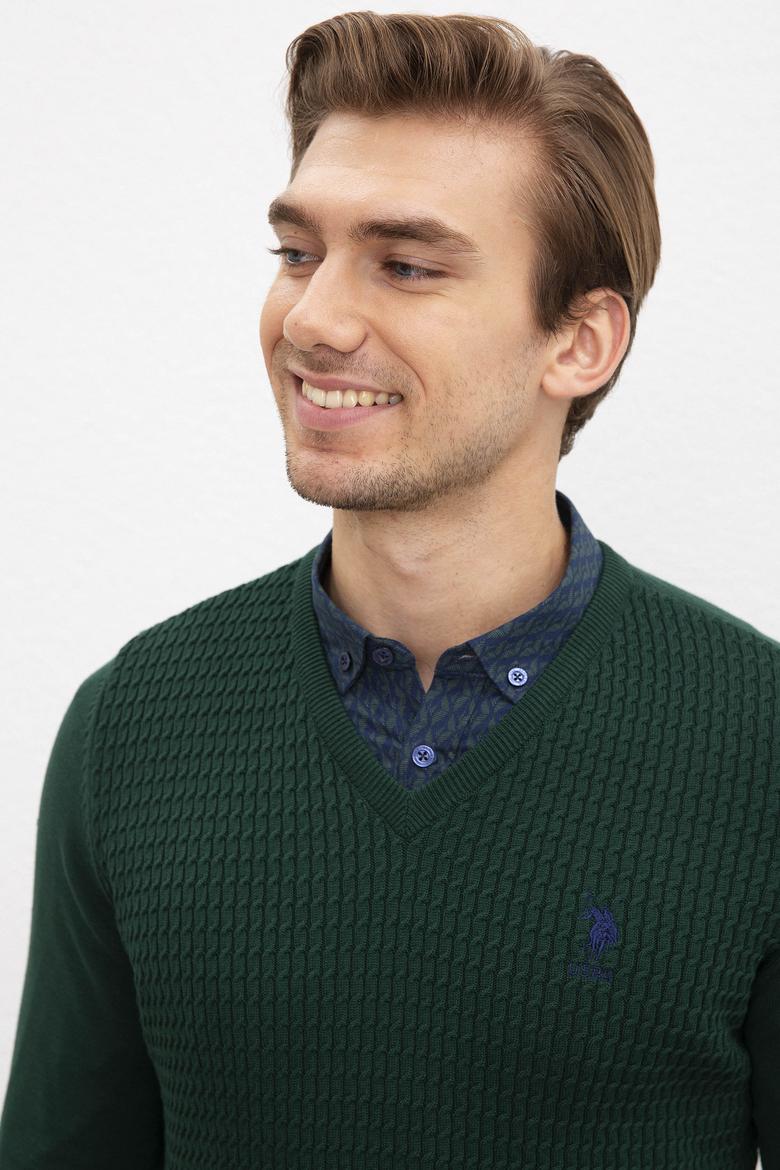 Erkek Koyu Yeşil V-Yaka Triko Kazak Basic - 50210287018