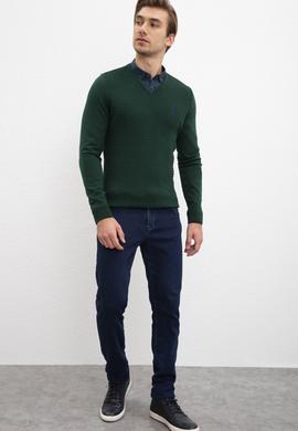 Erkek Koyu Yeşil V-Yaka Triko Kazak Basic - 50210287018