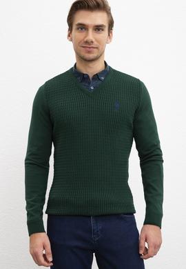 Erkek Koyu Yeşil V-Yaka Triko Kazak Basic - 50210287018