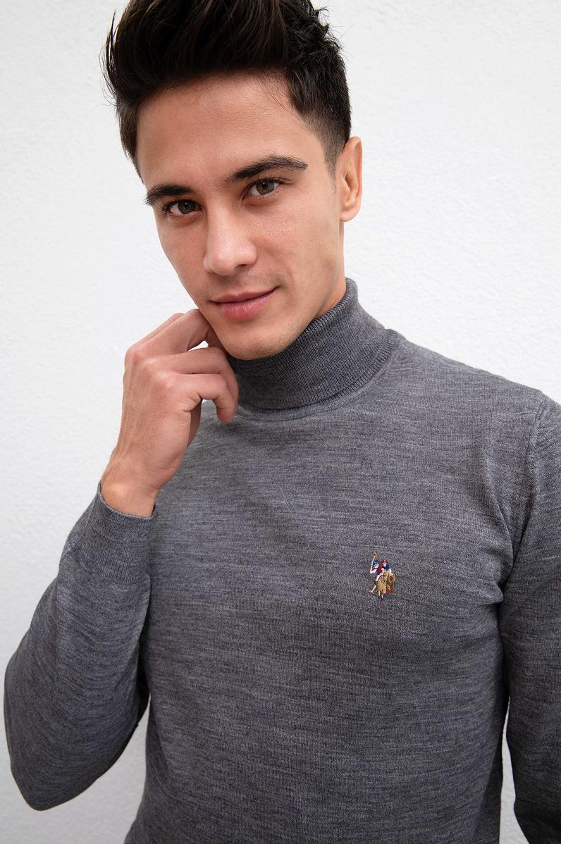 Erkek Gri Melanj Balıkçı Yaka Triko Kazak Basic