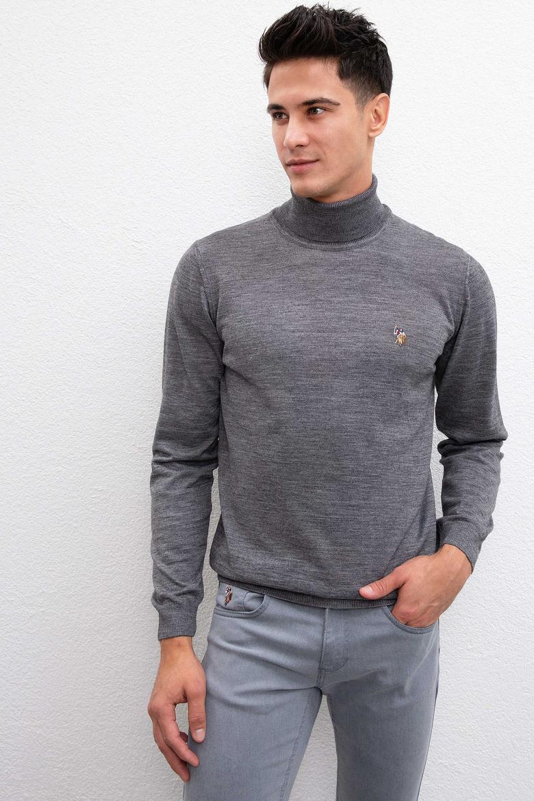 Erkek Gri Melanj Balıkçı Yaka Triko Kazak Basic - 50206744015