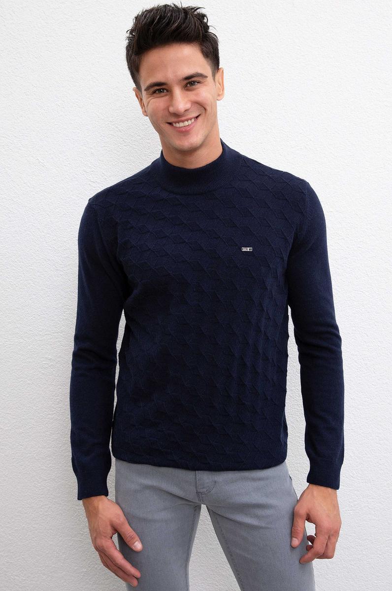 Erkek Lacivert Balıkçı Yaka Triko Kazak