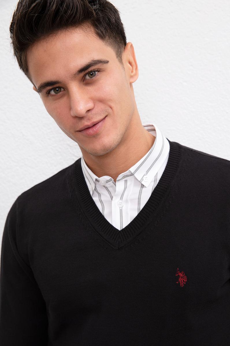 Erkek Siyah V-Yaka Triko Kazak Basic