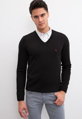 Erkek Siyah V-Yaka Triko Kazak Basic - 50211249032