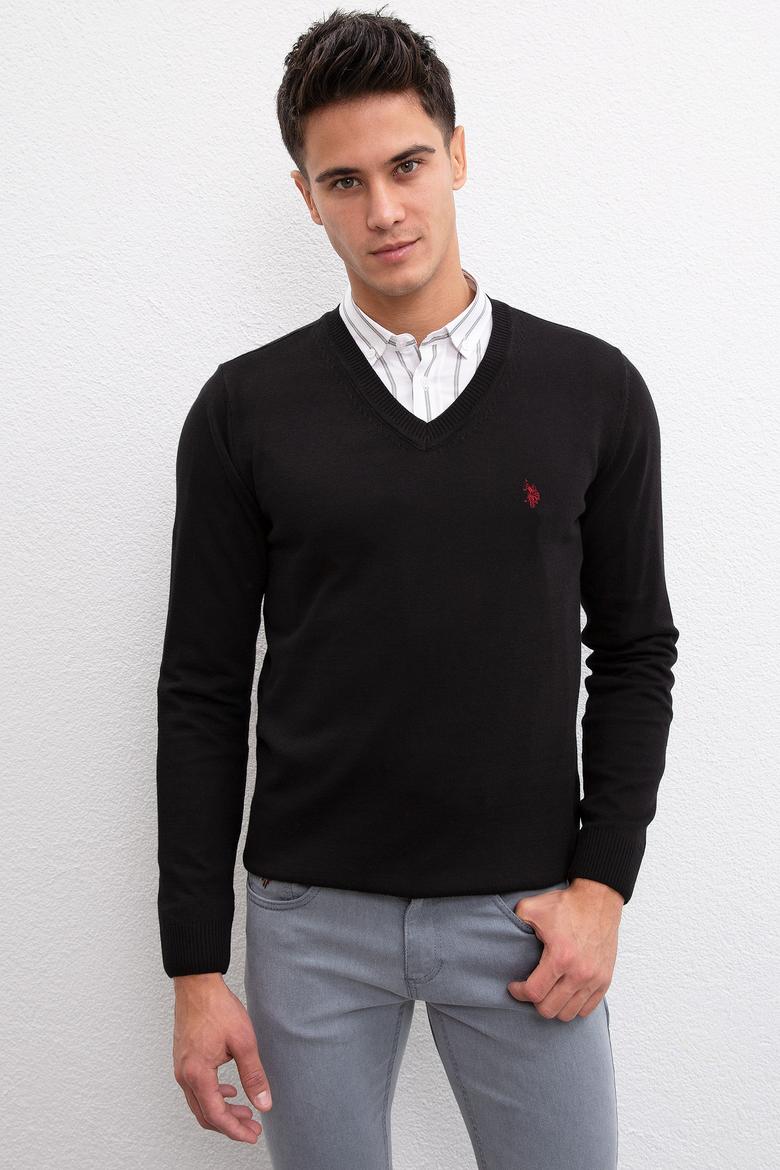 Erkek Siyah V-Yaka Triko Kazak Basic - 50211249032