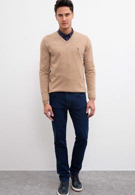 Erkek Camel Melanj V-Yaka Triko Kazak Basic - 50207651056