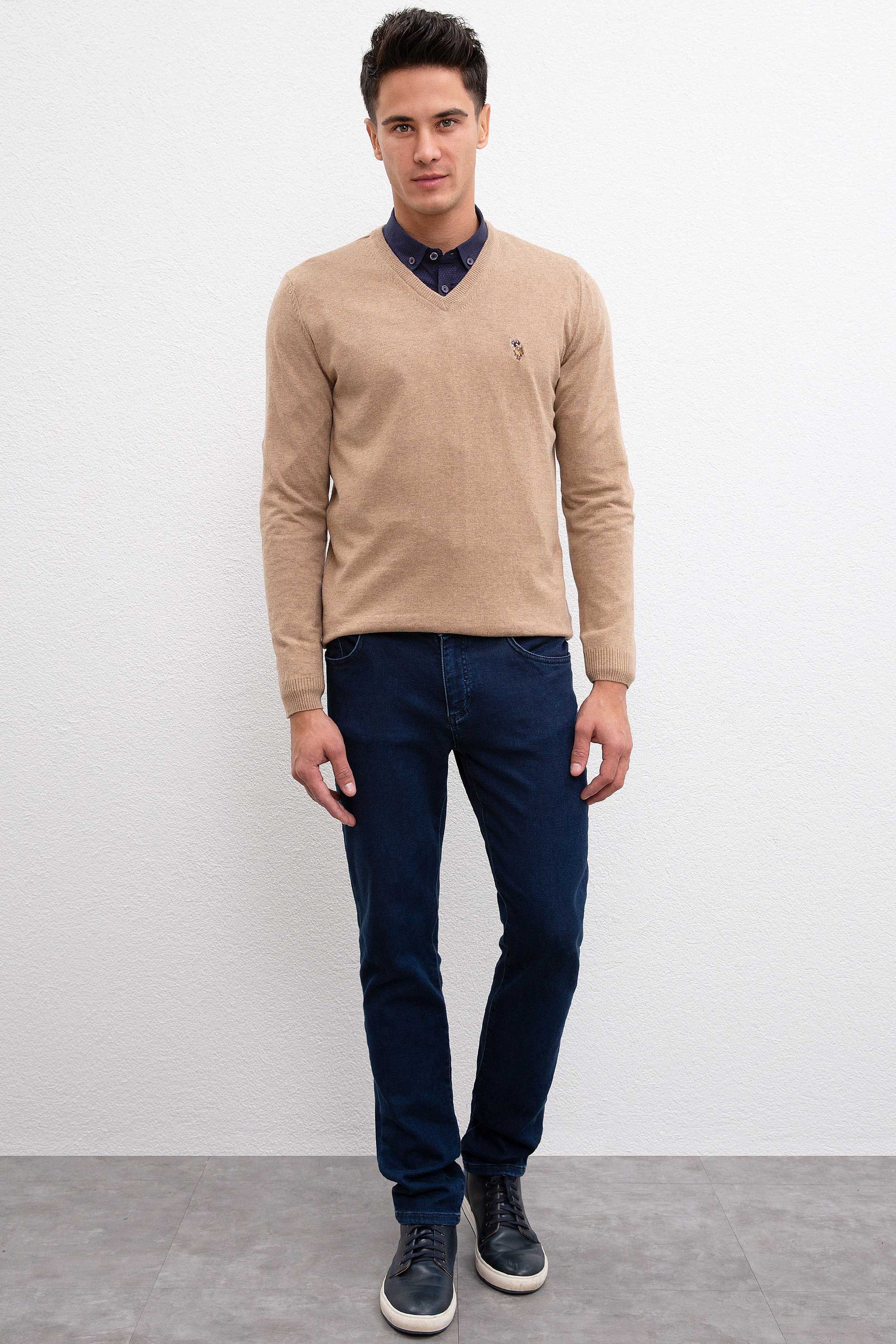Erkek Camel Melanj V-Yaka Triko Kazak Basic - Image 3