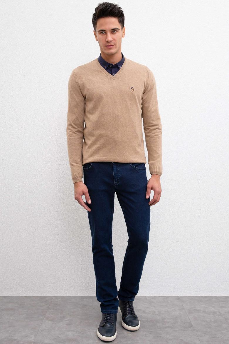 Erkek Camel Melanj V-Yaka Triko Kazak Basic - 50207651056