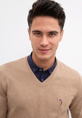 Erkek Camel Melanj V-Yaka Triko Kazak Basic - 50207651056