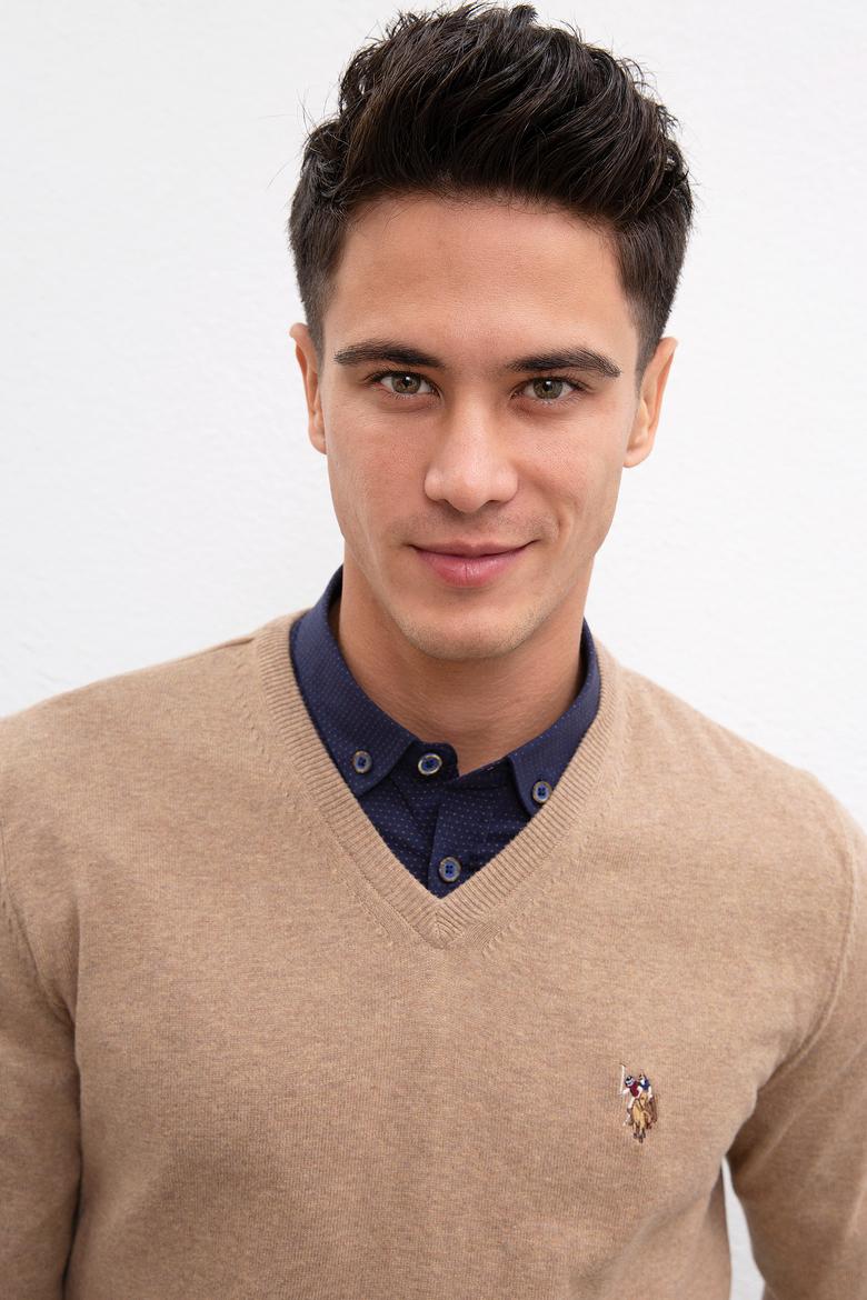 Erkek Camel Melanj V-Yaka Triko Kazak Basic - 50207651056