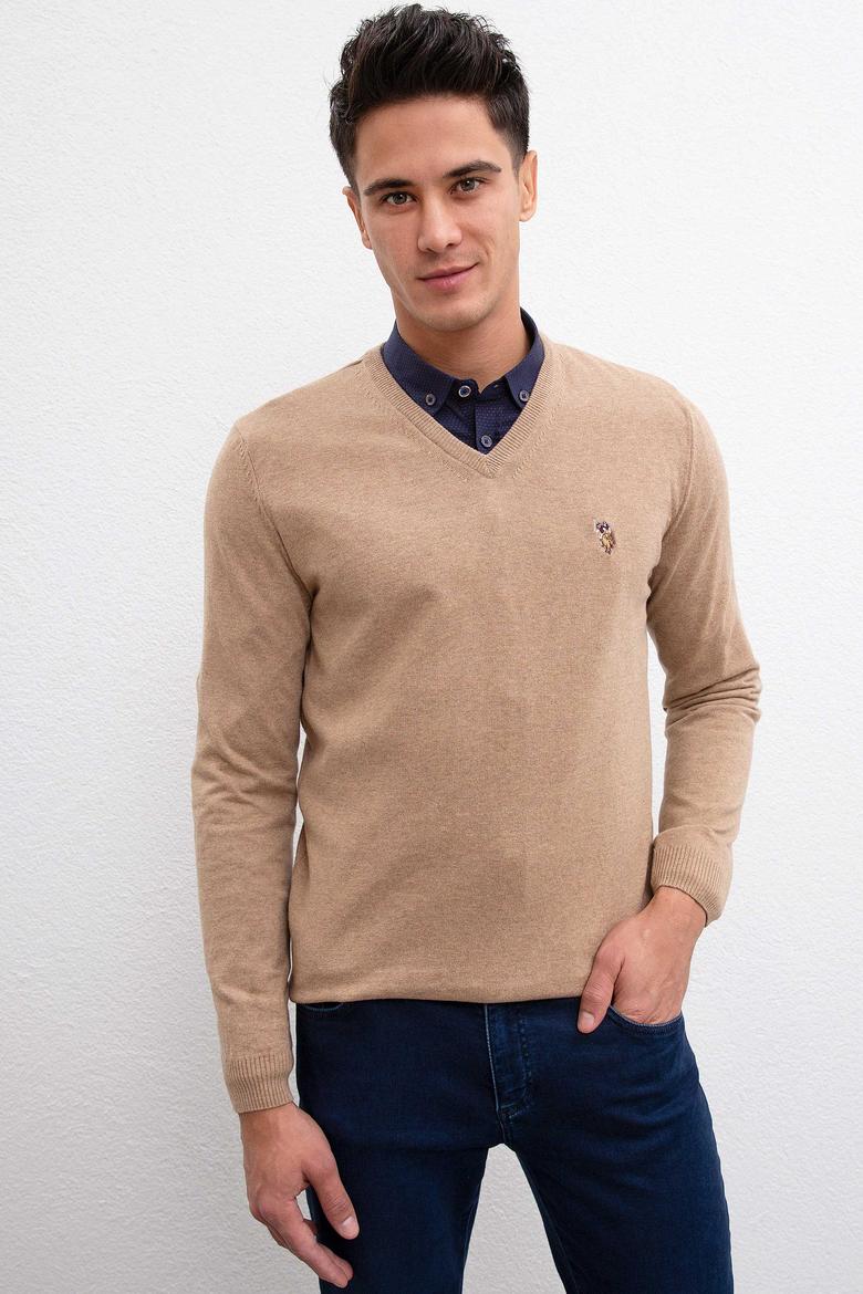 Erkek Camel Melanj V-Yaka Triko Kazak Basic