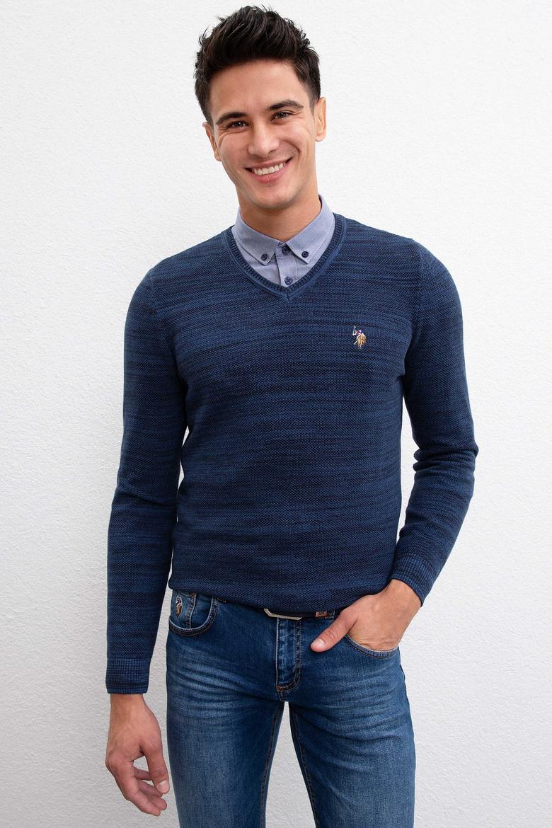 Erkek Lacivert V-Yaka Triko Kazak