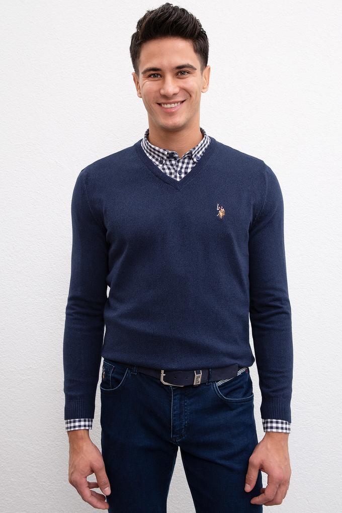 Erkek Lacivert V - Yaka Basic Triko Kazak