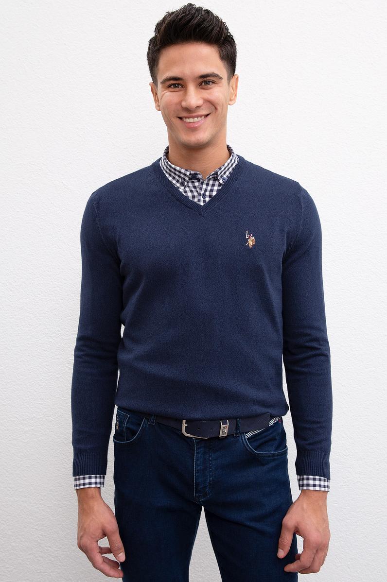Erkek Lacivert V - Yaka Basic Triko Kazak
