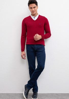 Erkek Bordo V-Yaka Triko Kazak Basic - 50211249072