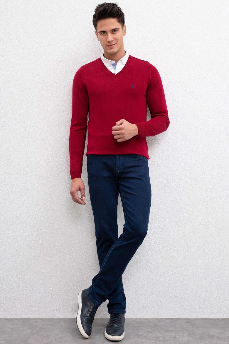 Erkek Bordo V-Yaka Triko Kazak Basic - 50211249072