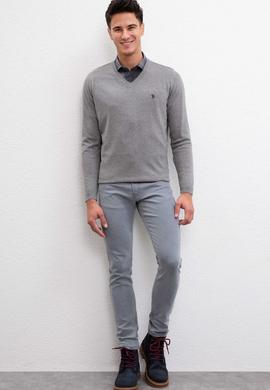 Erkek Gri Melanj V-Yaka Triko Kazak Basic - 50211249040