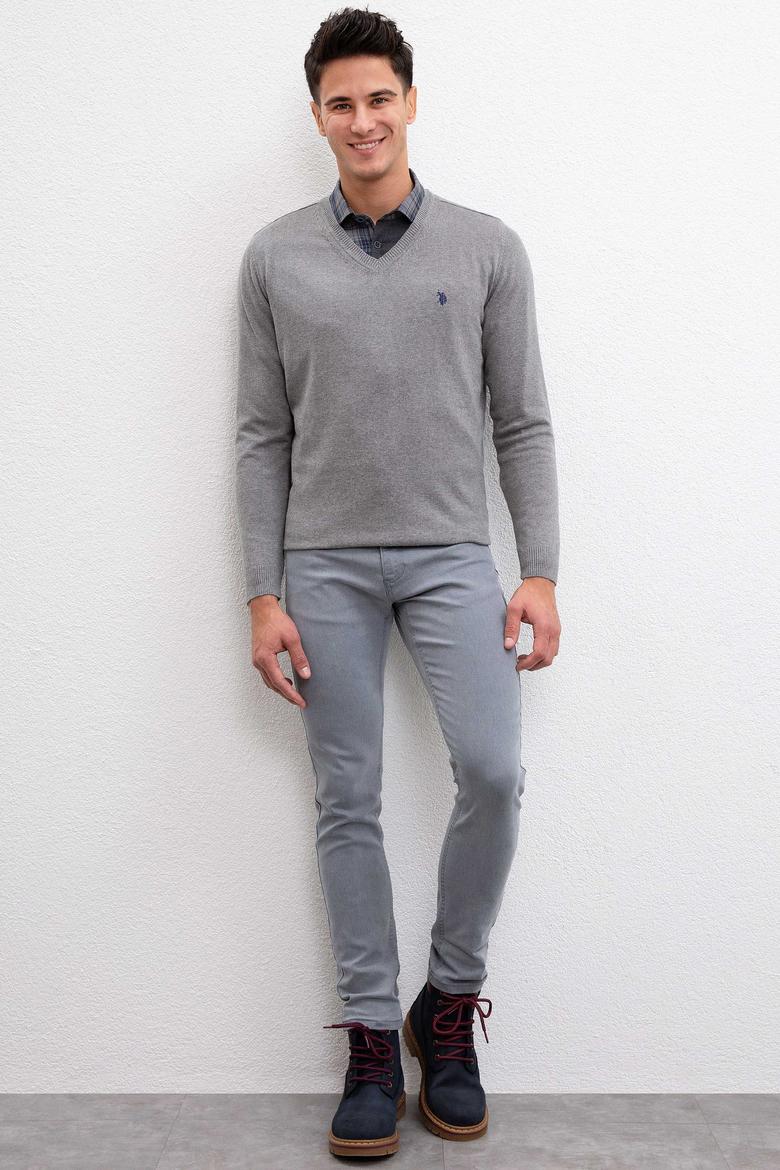 Erkek Gri Melanj V-Yaka Triko Kazak Basic - 50211249040