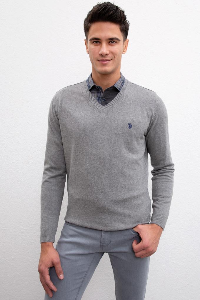 Erkek Gri Melanj V-Yaka Triko Kazak Basic