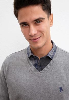 Erkek Gri Melanj V-Yaka Triko Kazak Basic - 50211249040