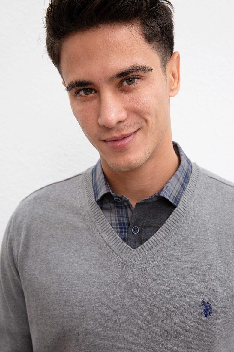 Erkek Gri Melanj V-Yaka Triko Kazak Basic - 50211249040