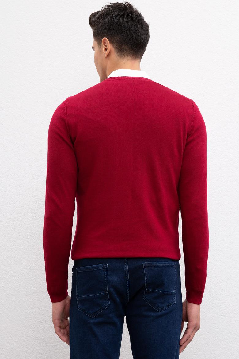 Erkek Bordo V-Yaka Triko Kazak Basic - 50211249072